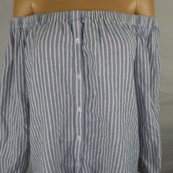 Trovata Birds of Paradise Striped Off the Shoulder Button Front Blouse Large - Picture 2 of 7